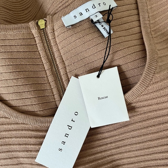 NWT SANDRO | Scoop Neck Ribbed Mini A-Line Dress in Taupe | Size SANDRO 2 (US 6) - Picture 9 of 13